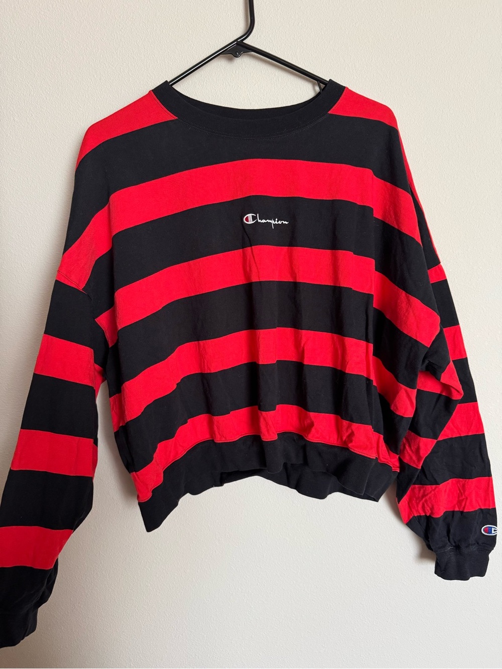 Champion Red and Black Striped Crewneck Shirt